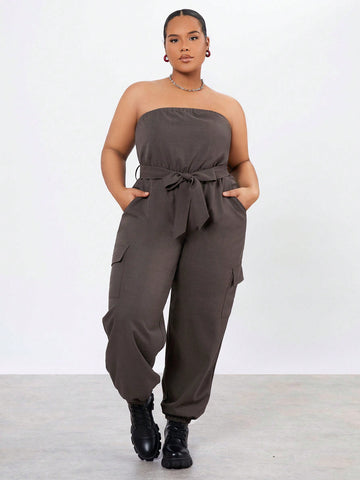 Plus Size Solid Color Strapless Jumpsuit With Slanted Pockets