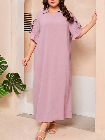 Plus Size Women's Turn-Down Collar Dress With Petal Sleeves