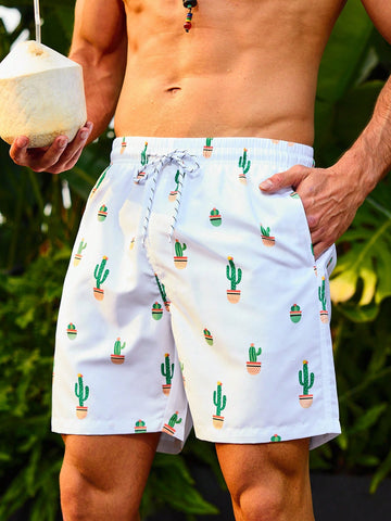 Men's Drawstring Waist Cactus Print Beach Shorts