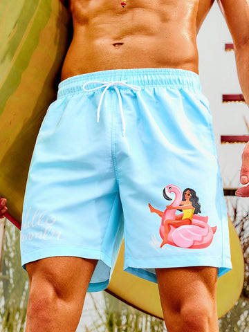 Men's Flamingo Print Drawstring Waist Beach Shorts