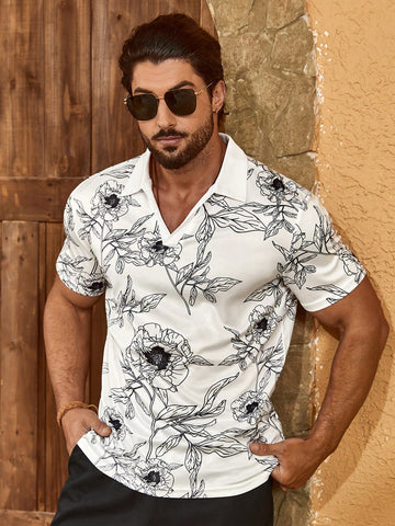 Men'S Short Sleeve Floral Printed Polo Shirt