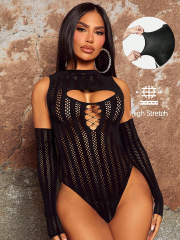 Fashionable And Gorgeous Ladies Sexy Black Hollow Style Party Nightclub Hottie See-Through Fishnet Splicing Chest Details Design Hollow Hollow Long-Sleeved Round Neck High Elastic Seamless High Elastic Silk Bodysuit