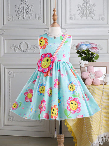 Young Girl's Cute Sleeveless Dress With Face Print Suitable For Performance, Wedding, Evening Party, Birthday Party