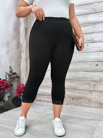 Plus Size Knitted Elastic Waist Lace Spliced Leggings