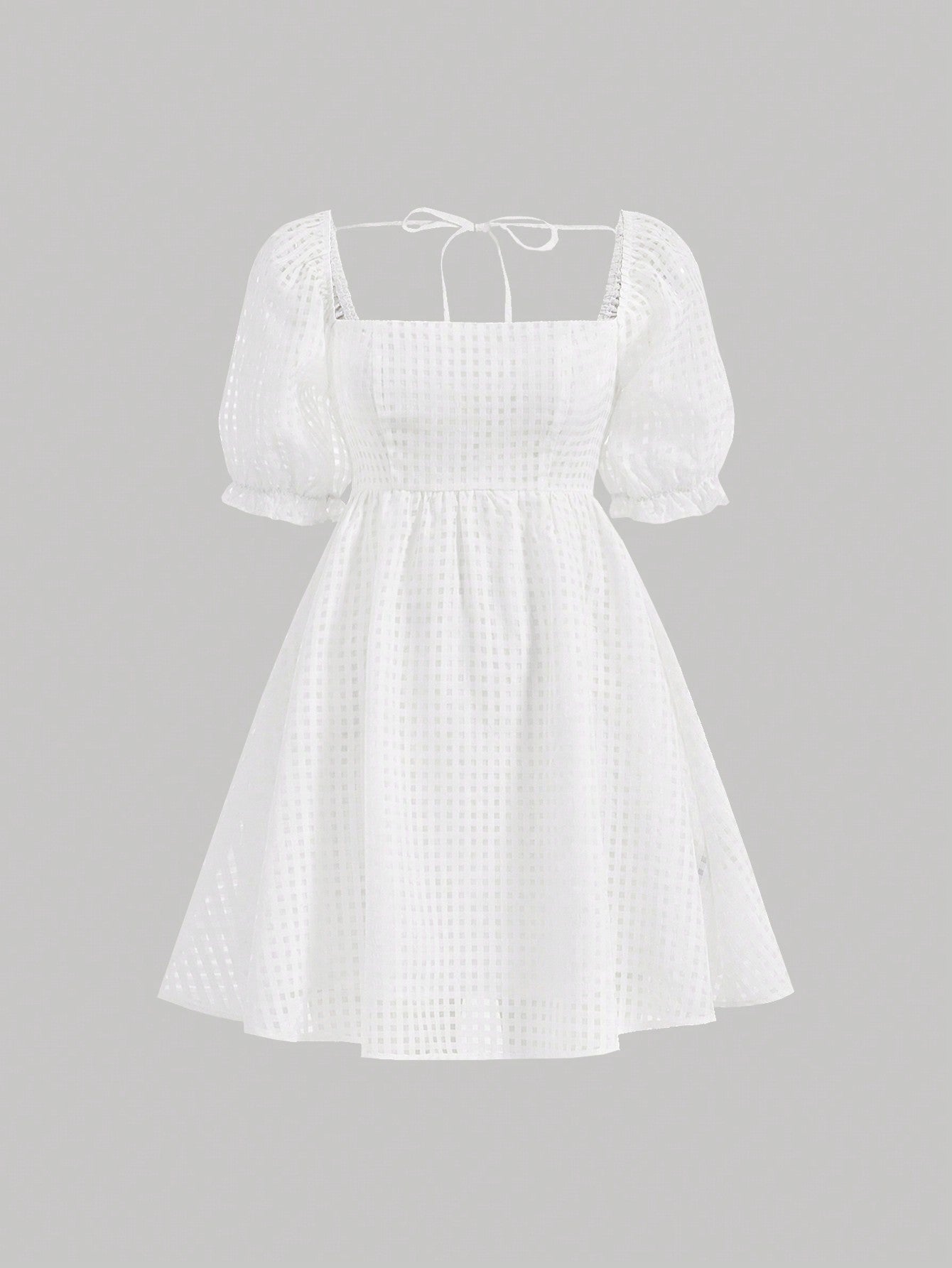 Women's Checkered Dress With Square Neckline, Puff Sleeves, Frilled Hem And Floral Patern Music Festival