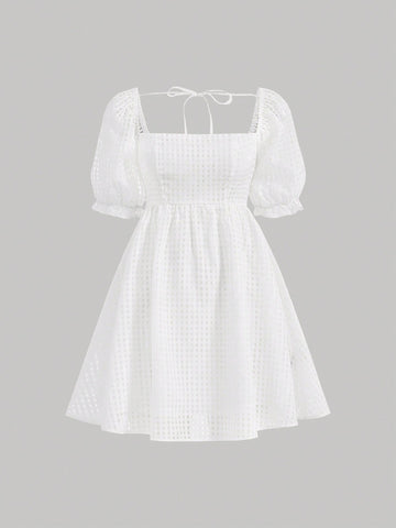 Women's Checkered Dress With Square Neckline, Puff Sleeves, Frilled Hem And Floral Patern Music Festival