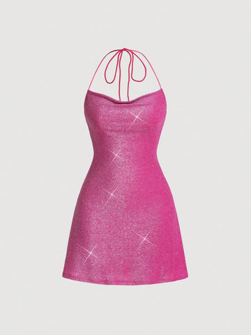 Women's Metallic Thread Material V-Neck Halter Tie Waist Maxi Dress