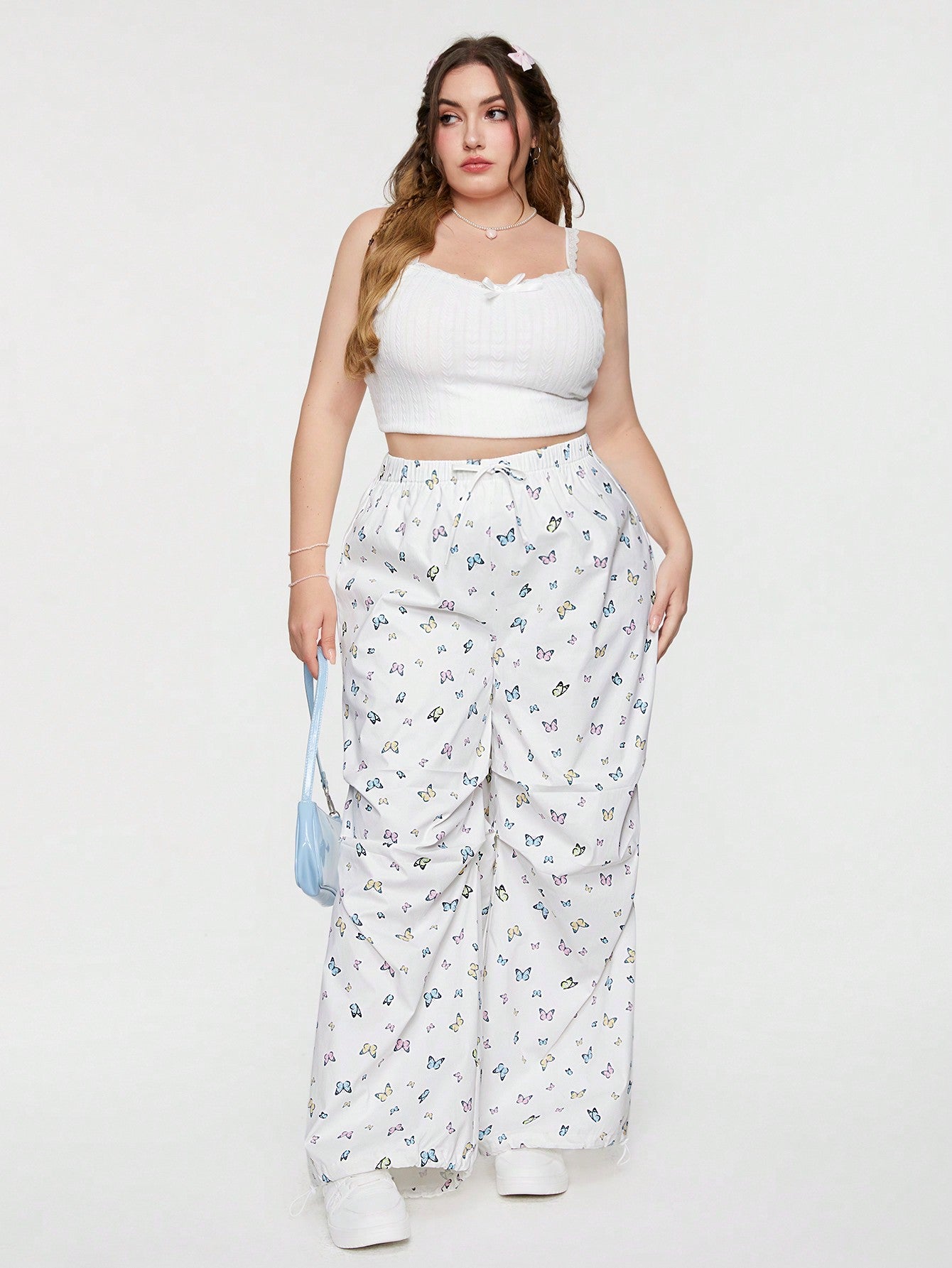 Plus Size Butterfly Print Wide Leg Pants With Drawstring Waist