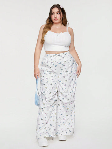 Plus Size Butterfly Print Wide Leg Pants With Drawstring Waist