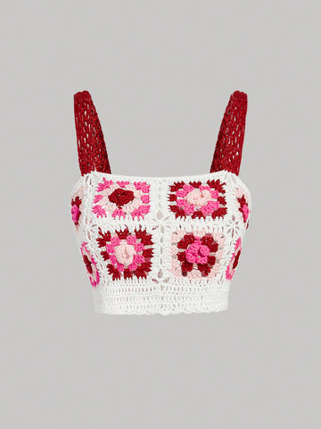 Crochet Flower Pattern Sleeveless Knitted Top