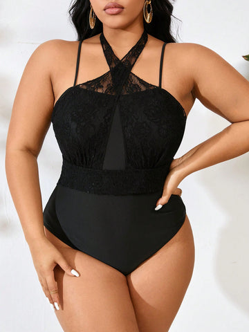 Plus Size Solid Color Lace Splicing One Piece Swimsuit