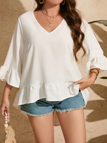 Plus Size V-Neck White Shirt With Ruffled Sleeves, Front Short & Back Long Hemline, Loose Fit For Casual, Dating Or Wedding Occasion