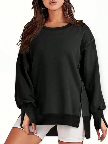 Women's Solid Color Split Hem Drop Shoulder Loose Fit Sweatshirt