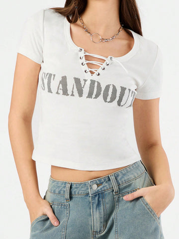 Women's Letter Printed Front Tie Cropped T-Shirt
