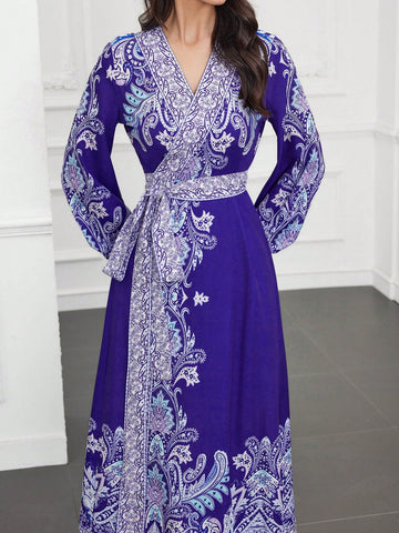 Women's Wrap Dress With Lantern Sleeves And Paisley Print