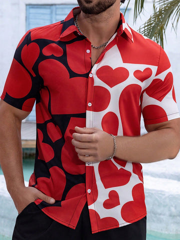 Men's Color-Block Heart Print Short Sleeve Shirt