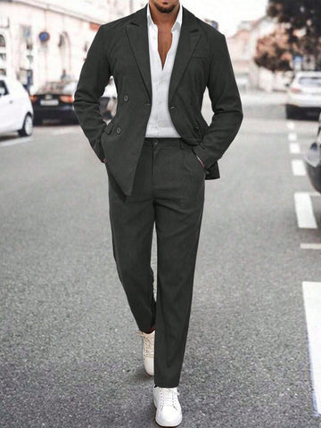 Men's Black Double Breasted Suit Collar Blazer And Long Pants Set