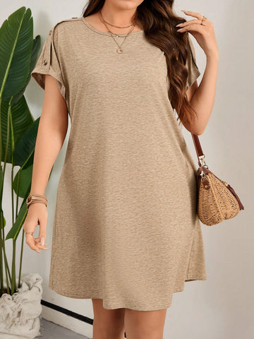 Plus Size Casual Round Neck Dress With Shoulder Button Decoration And Drop Shoulder Design For Spring/Summer