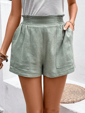 Solid Color Elastic Waist Shorts With Diagonal Pockets