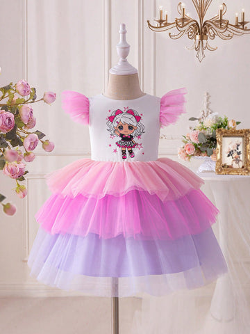 Young Girl's Dreamy Princess Style Mesh Patchwork Short Sleeve Dress