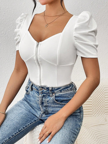 Solid Color Sweetheart Neck Puff Sleeve Front Zipper T-Shirt