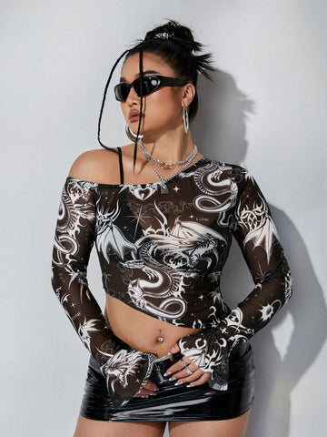 Y2k Summer Concert Outfits Plus Music Festival Size Women's Irregular Hem Mesh Sheer Black Crop Top With Letter & Dragon Pattern Print