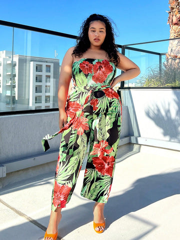 Plus Size Floral Print Strapless Jumpsuit For A Sexy Beach Vacation Look