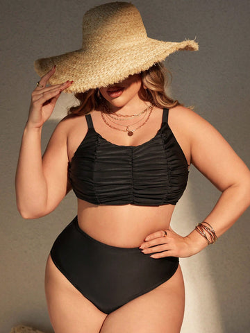 Plus Size Ruffle Detail Round Neck Bikini Swimsuit Set