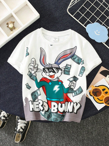 1pc Young Boy's Casual, Comfortable, Fashionable, Simple, Practical, Versatile, Street Cool Cartoon Print Short Sleeve T-Shirt, Suitable For Daily, School, Travel, Easter, Spring And Summer