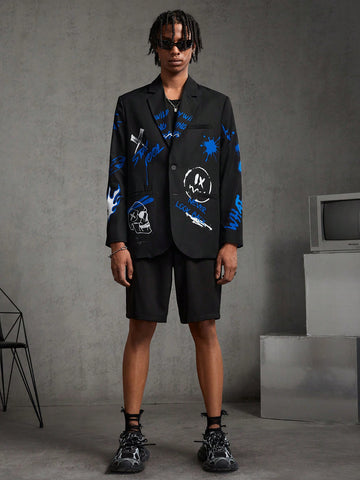 Men's Casual Suit Jacket And Shorts Set With Woven Lapel And Letter Printed Face Pattern