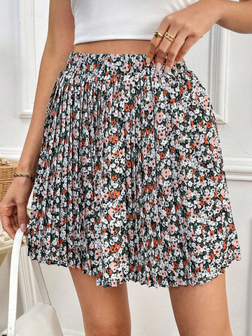 Small Floral Printed Pleated Skirt, Cute Short Skirt, Floral Printed Pleated Stretchy High Waist Half Skirt, A Hem Short Skirt, Suitable For Vacation Everyday, Date Outing