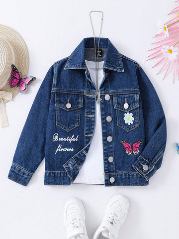 Young Girls' Floral, Butterfly, Letter Print Denim Jacket