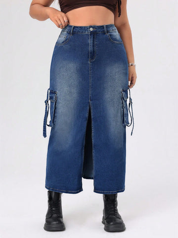 Plus Size Women's Denim Skirt With Pocket, Slit Hem And Workwear Design