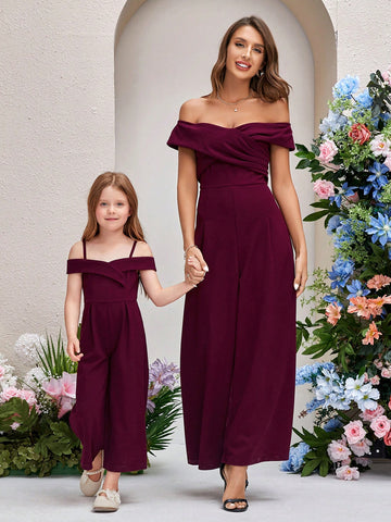 Women's Mom And Me Mother-Daughter Gift Mother's Day Party Daily Outing Vacation Romantic Elegant Date One Shoulder Knitted Stretch V-Neck Wide Leg High Waist Purple Jumpsuit  (One Piece For Sale)