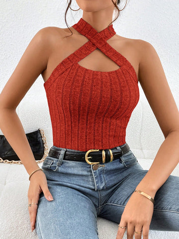 Women's Solid Color Ribbed Knit Halter Top