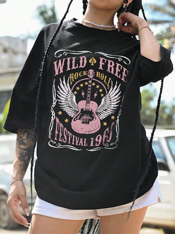 Plus Size Wing & Guitar & Letter Printed T-Shirt