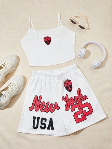 Trendy Casual Sports Pattern Printed Tank Top And Shorts Set