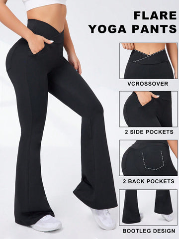 Slanted Pocket Flared Sports Pants With V-Shaped Waistline