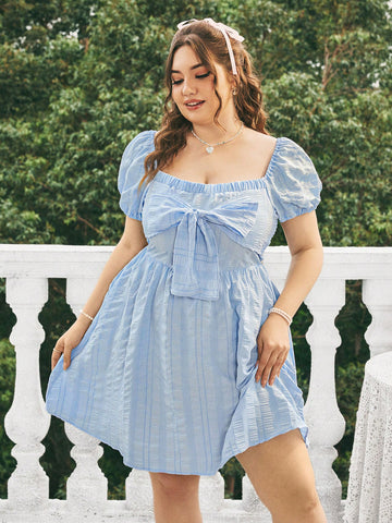 Plus Size Women's Blue Bowknot Decor A-Line Dress Blue Dress Vacation Prom Dress  Summer Dress Spring Dress Spring Outfits Junior Dresses Butterfly Dress Country Concert Outfit Colorful Dress Blue Dress Women Dresses Bow Romantic Vacation Dress