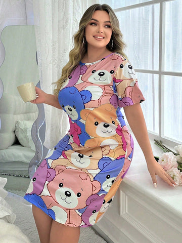 Plus Size Women's Sleep Dress With Bear Print And Round Neckline