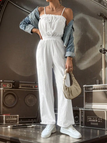 White Knitted Casual Jumpsuit With Shoulder Straps For Spring And Summer