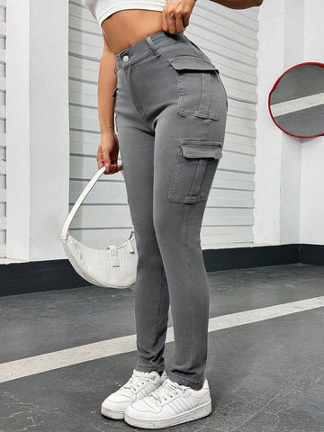Y2k High Elasticity Women's Gray Denim Skinny Workwear Pants