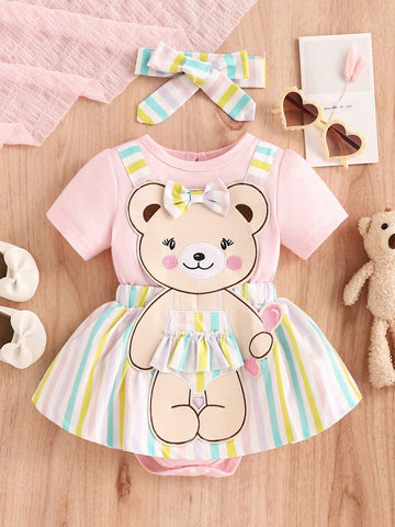 Baby Girl Bear Embroidery Striped Patchwork Romper, Cute Summer Outfit