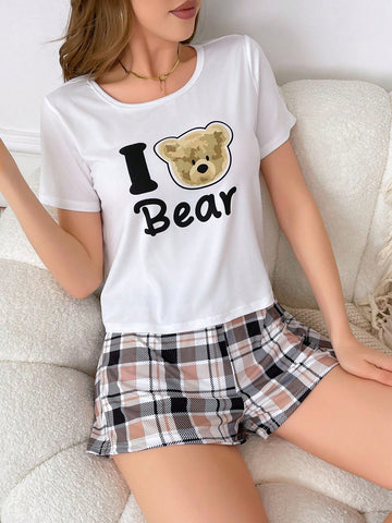 Bear With Letter Print Sleepwear & Checked Loungewear 2pcs/Set
