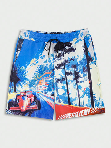 Men's Palm Tree Print Woven Shorts, Suitable For Daily Wear In Spring And Summer