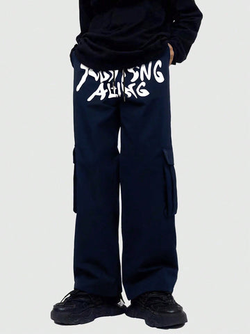 Men's Casual Woven Cargo Pants With Letter Print For Spring And Summer