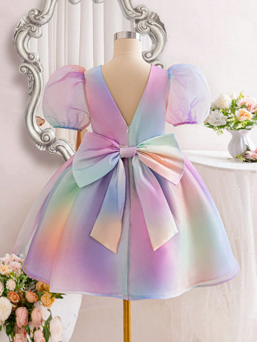 Tween Girl's Fantasy Princess Style Gradient Mesh Spliced Back V-Neck Bowknot Decorated Puff Sleeve Dress Pastel Dress