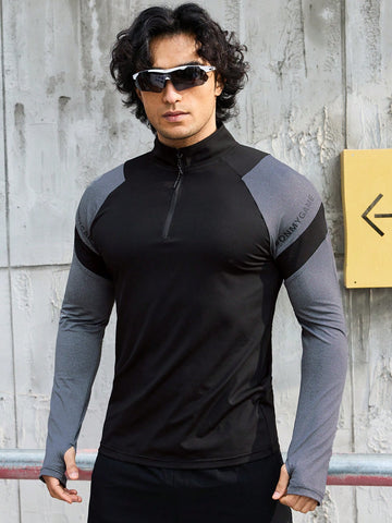 Men's Letter Printed Color Block Half-Zip Sports Jacket Workout Tops