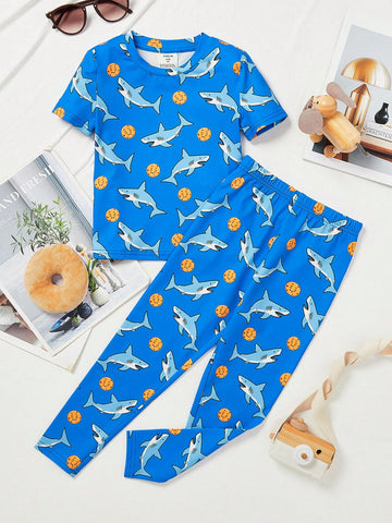 Young Boys' Shark Pattern Short Sleeve T-Shirt And Long Knit Tight-Fitting Pajamas Set