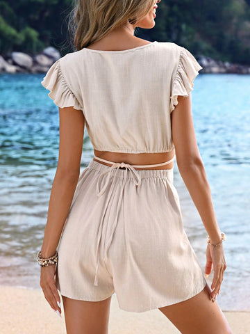 Summer Holiday Solid Color Woven Jumpsuit With Hollow Out Waistband And Flounce Sleeves